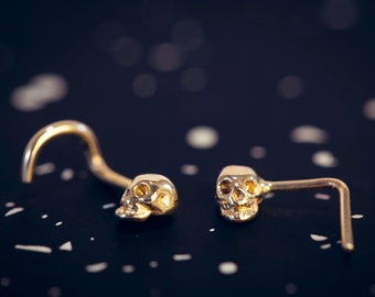 Tiny Solid 14k Gold Skull Nose Stud / Hand Made Yellow Gold Skull Piercing / Skull Nose Ring