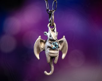 Baby Dragon Necklace! Handmade Dragon Charm Holding a Genuine Gemstone of Your Choice in Sterling Silver, Bronze, or Gold