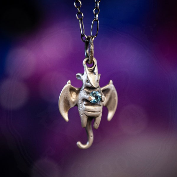 Baby Dragon Necklace! Handmade Dragon Charm Holding a Genuine Gemstone of Your Choice in Sterling Silver, Bronze, or Gold