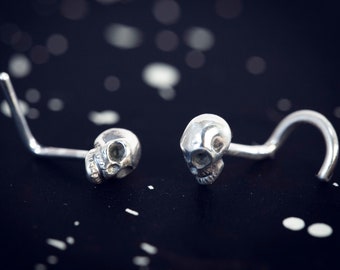 Tiny Skull Nose Stud in Solid Sterling Silver / Completely Handmade Skull / Silver Skull Nose Ring / Skull Nose Pin / Silver Skull Piercing