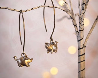 Chubby Pig Earrings / Handmade Piggy Earrings / Pig Jewelry / Pig Charm In Solid Sterling Silver, Gold, or Bronze