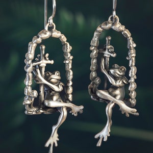 Two Gallant Frog Earrings / Handmade Frog Jewelry / Frog Dangles in Sterling Silver, Bronze, or Gold