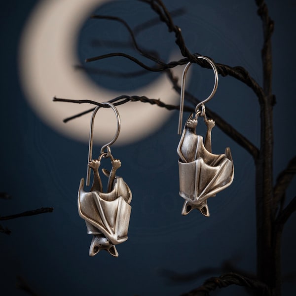 The Original Precious Handmade Sleeping Bat Earrings In Solid Sterling Silver, Gold, or Bronze