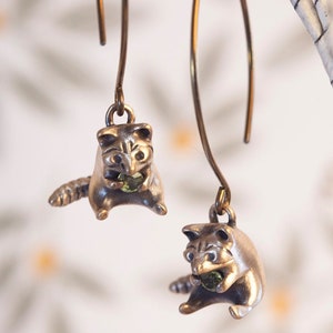 Greedy Raccoon Earrings! / Tiny Raccoon Jewelry Clutching a Genuine Gemstone of Your Choice in Sterling Silver, Bronze, or Gold