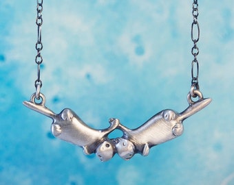 Otter Necklace! Little Otter Couple Completely Handmade in Sterling Silver, Gold, or Bronze
