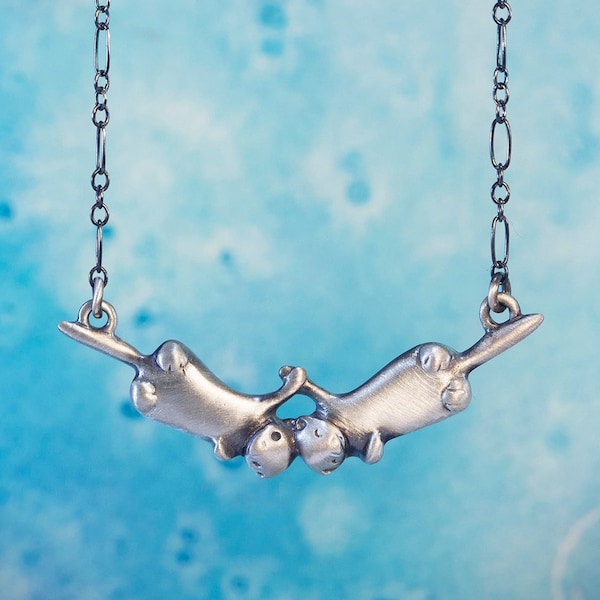 Otter Necklace! Little Otter Couple Completely Handmade in Sterling Silver, Gold, or Bronze