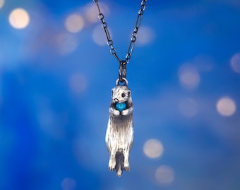 Enchanted Otter Necklace! Otter Momma with Baby Pendant / Handmade Otter Charm Holding a Genuine Gem in Sterling Silver, Bronze, or Gold