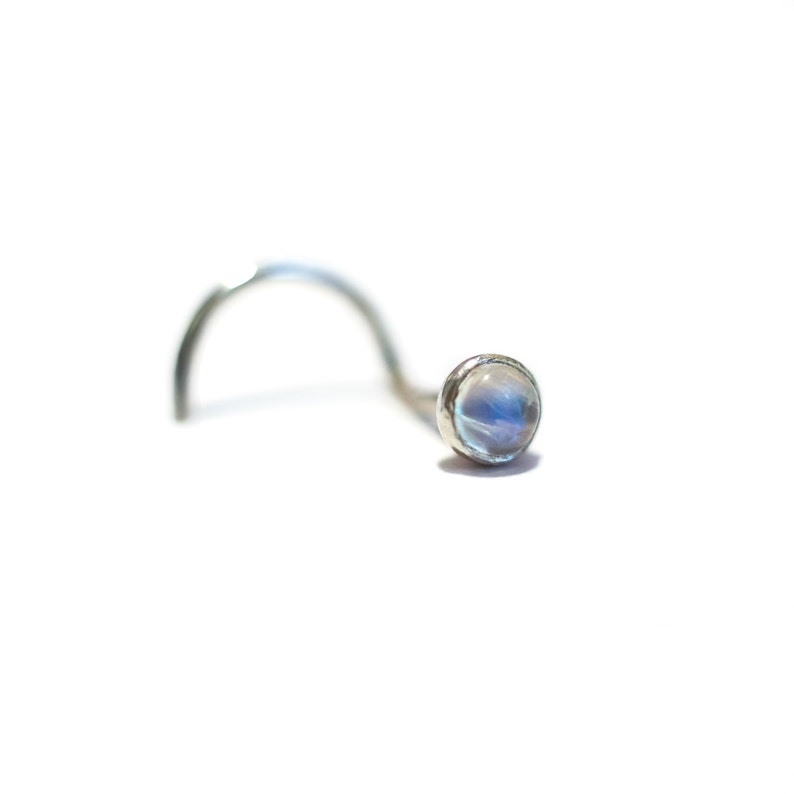 Little 3mm Rainbow Moonstone Nose Stud That's Carefully Bezel Set In Silver Stunning Blue Flash Included image 2