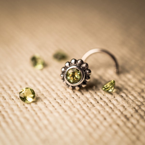 Button Style Peridot Nose Stud Handmade In Solid Silver With a 3mm Stone