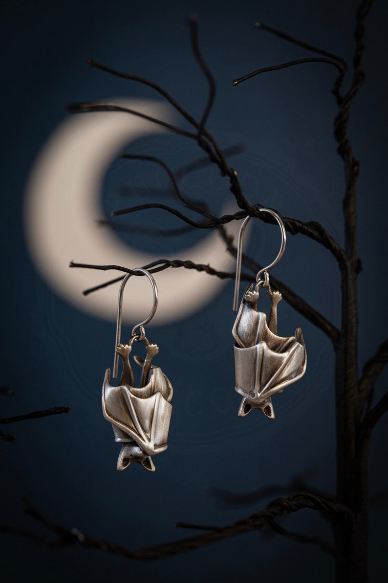 The Original Precious Handmade Sleeping Bat Earrings In Solid Sterling Silver, Gold, or Bronze image 1