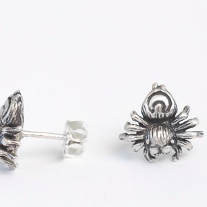 May include: A pair of silver spider earrings. The spiders are detailed and have a realistic appearance.