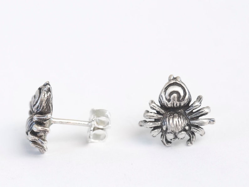 May include: A pair of silver spider earrings. The spiders are detailed and have a realistic appearance.