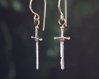 Ancient Sword Earrings / Handmade Sword Jewelry / Sword Dangles in Sterling Silver, Bronze, or Gold