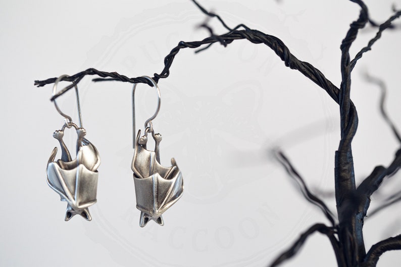 The Original Precious Handmade Sleeping Bat Earrings In Solid Sterling Silver, Gold, or Bronze image 2