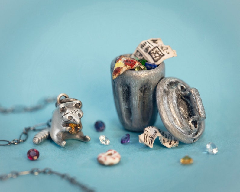 Greedy Raccoon Necklace Handmade in Solid Sterling Silver, Gold, or Bronze / Raccoon Pendant / Raccoon Charm / Trash Panda Necklace image 1
