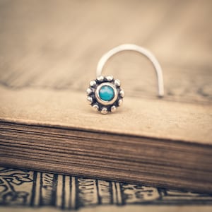 A Small Silver Button Stud with a Tiny 2mm Turquoise Cabochon  for Your Nose
