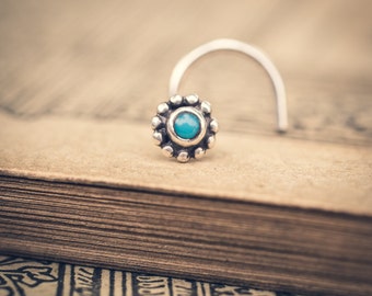 A Small Silver Button Stud with a Tiny 2mm Turquoise Cabochon  for Your Nose