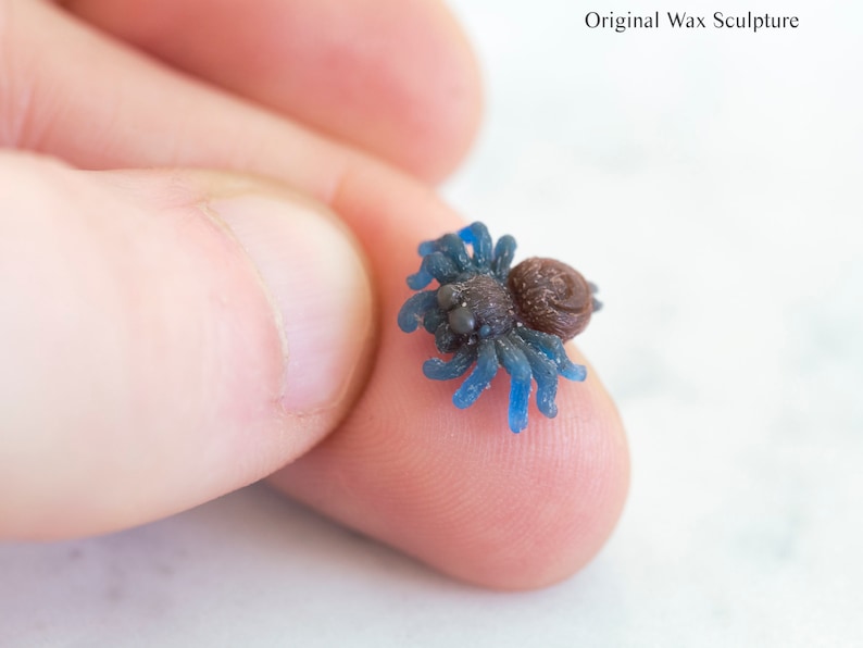 May include: A small blue wax sculpture of a spider with a brown body. The spider is being held by a finger.