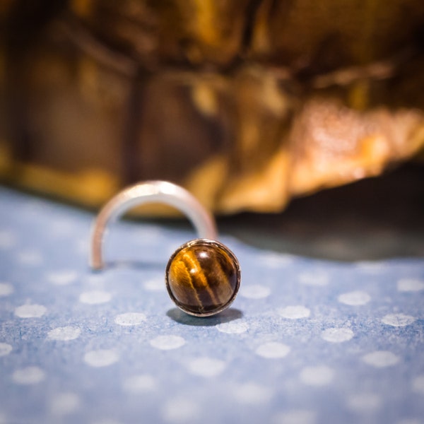 Handmade Bezel Set 4mm Tiger Eye Nose Stud In Silver