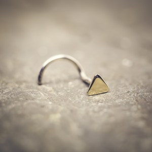 May include: A silver nose ring with a gold triangle-shaped stud.