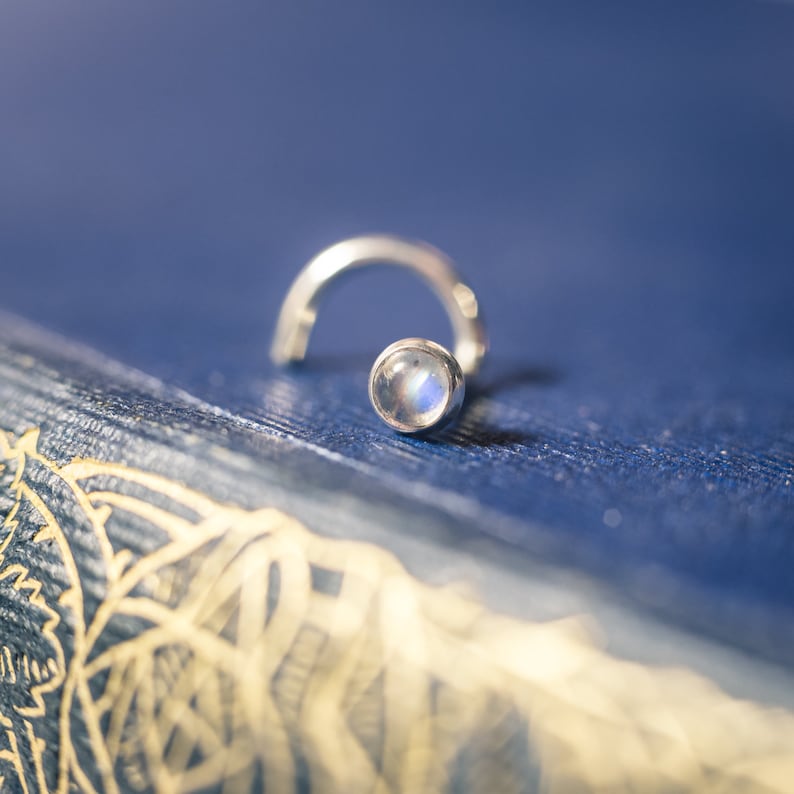 Little 3mm Rainbow Moonstone Nose Stud That's Carefully Bezel Set In Silver Stunning Blue Flash Included image 1
