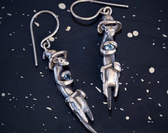 Wizard Weasel Earrings! / Ferret Earrings Clutching a Genuine Gemstone of Your Choice in Sterling Silver, Bronze, or Gold  / Ferret Jewelry