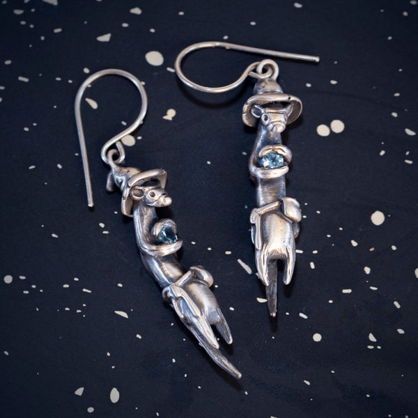 Wizard Weasel Earrings! / Ferret Earrings Clutching a Genuine Gemstone of Your Choice in Sterling Silver, Bronze, or Gold  / Ferret Jewelry