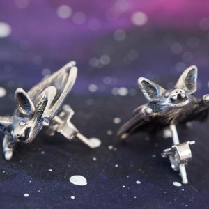 Brown Bat Studs, Lovingly Handmade in Sterling Silver, Antiqued Bronze, and 14k Gold / Bat Post Earrings/ Bat Jewelry/ Cute Bat Earrings