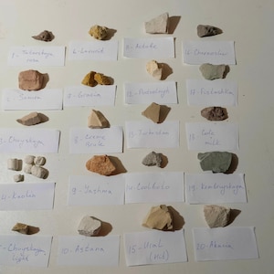 May include: A collection of twenty small, irregularly shaped rocks of various colors, including beige, brown, and gray, arranged on a white surface. Each rock is labeled with a handwritten name on a small white card. The rocks are of different sizes and textures.