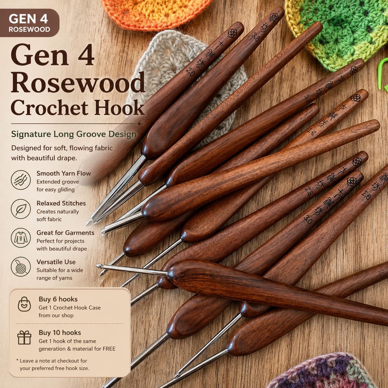 Qi Zhen Fang Gen 4 Rosewood Crochet Hook: Large Groove for Soft