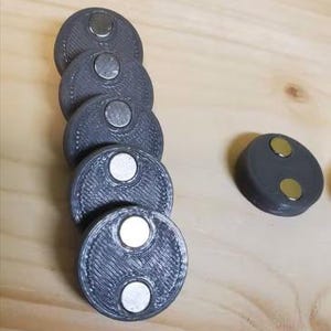 Puede incluir: Un conjunto de seis discos magnéticos redondos grises con dos imanes plateados en cada disco. Los discos están apilados uno encima del otro.