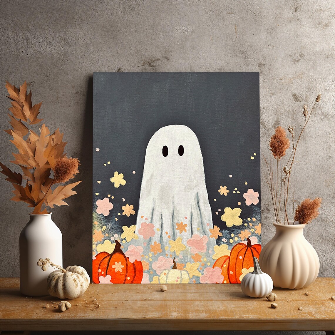 Printable Ghost With Flowers and Pumpkins Acrylic Painting, Art Print ...