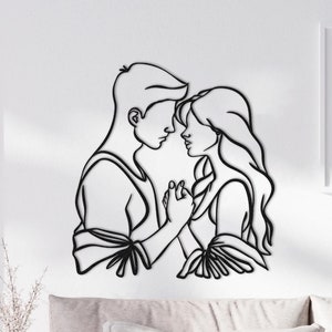 Arte de pared de metal minimalista, arte de línea de pareja romántica para San Valentín, arte de pared de metal con temática de amor, arte de pared minimalista romántico perfecto