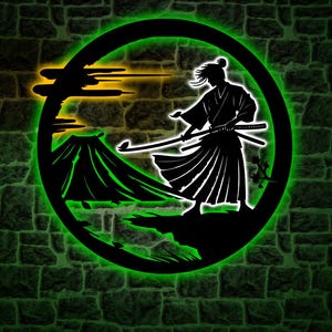 Samurai LED Wall Art – Japanese Metal Wall Decor with LED Backlight – Katana Warrior Lighted Sign – Zen Home Accent