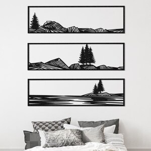 Set di 3 decorazioni da parete in metallo Hill Line, decorazioni naturali uniche per la casa, insegne moderne in acciaio, regalo minimalista per inaugurazione della casa, decorazioni da parete per il soggiorno