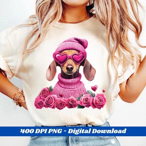 Dackel Hund PNG - Dackel Valentinstag Clipart, niedlicher Weiner Hund in der Herz Brille, rosa Liebe Welpen Design zum Basteln