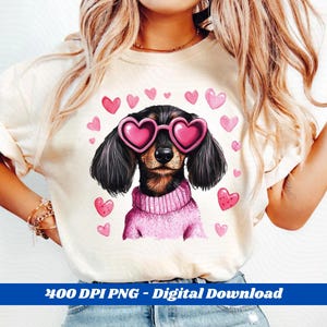 Dackel Hund PNG - Dackel Valentinstag Clipart, niedlicher Weiner Hund in der Herz Brille, rosa Liebe Welpen Design zum Basteln