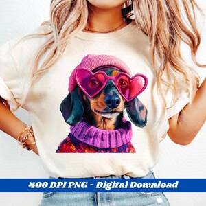 Dackel Hund PNG - Dackel Valentinstag Clipart, niedlicher Weiner Hund in der Herz Brille, rosa Liebe Welpen Design zum Basteln