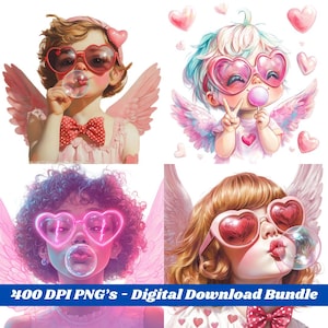 レトロなキューピッドバレンタインが泡を吹く PNG バンドル - ビンテージバレンタインデーアート、ハートサングラスをかけた天使、デジタルデザインバンドル