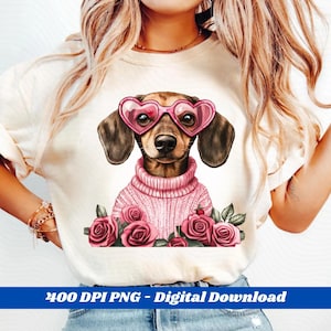 Dackel Hund PNG - Dackel Valentinstag Clipart, niedlicher Weiner Hund in der Herz Brille, rosa Liebe Welpen Design zum Basteln