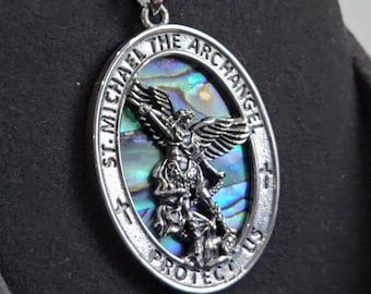 St. Michael the Archangel Necklace | Abalone Shell & Sterling Silver | Unisex Religious Pendant