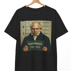 Maglietta con foto segnaletica di Arthur Schopenhauer, maglietta con meme filosofico divertente per uomo e donna, maglietta unisex con grafica retrò pessimista, regalo per pensatori, colore scuro