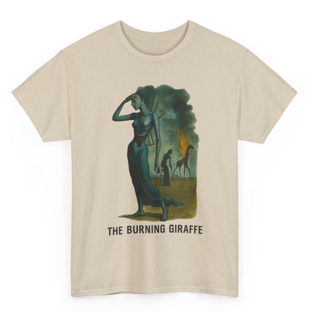 燃えるキリンTシャツ：シュルレアリストのダリアートグラフィックT