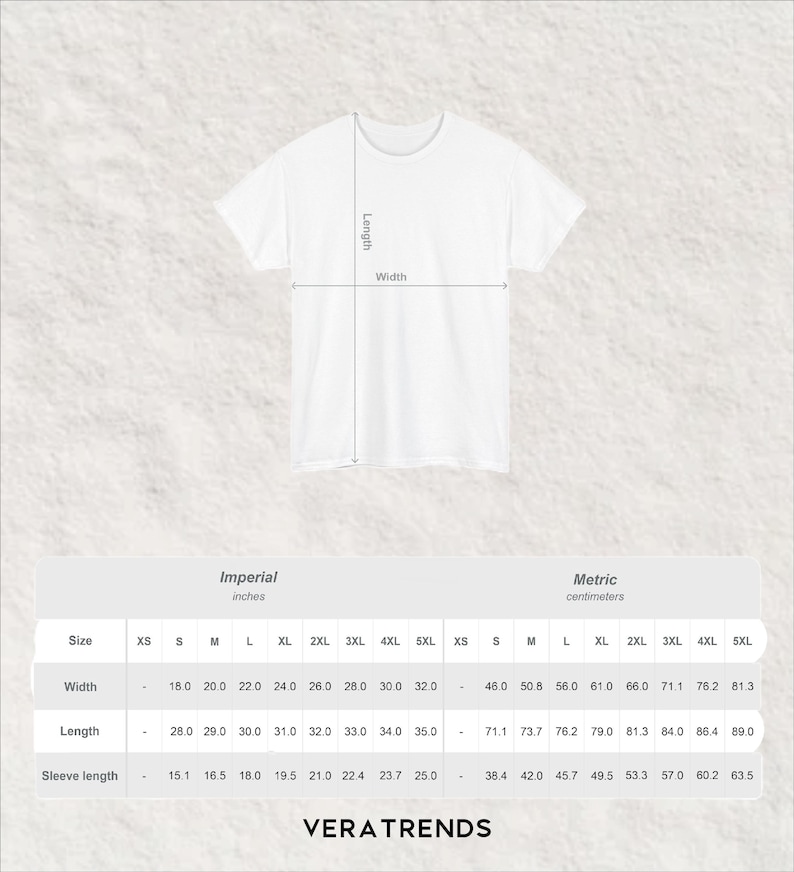 以下が含まれることがあります： 白のTシャツで、長さと幅の測定値はセンチメートルです。画像には、XSから5XLまでのサイズの測定値を含むサイズチャートが含まれています。「VERATRENDS」というブランド名が下にあります。