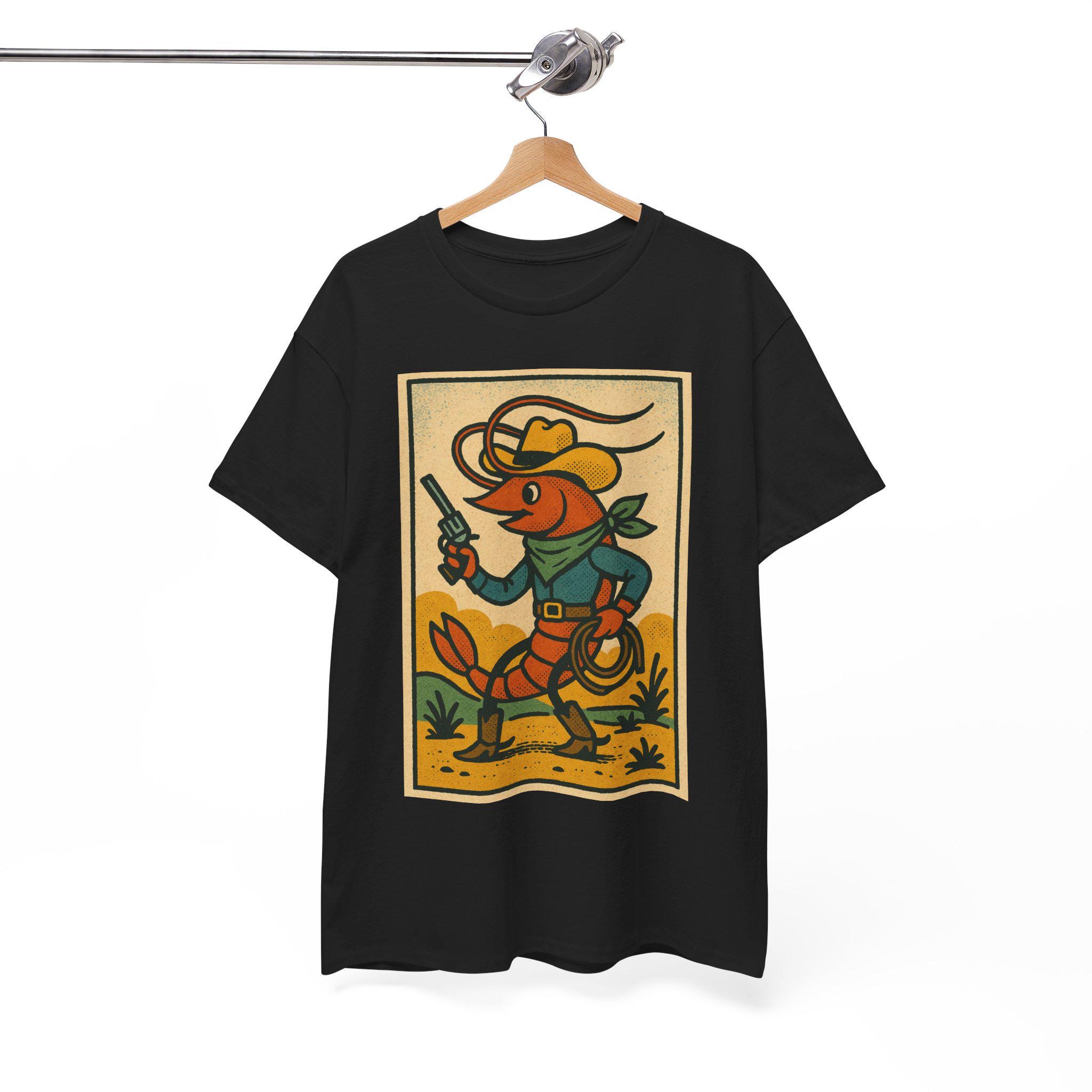 Cowboy Shrimp T-shirt: Retro Comic Western Crustacean Tee for