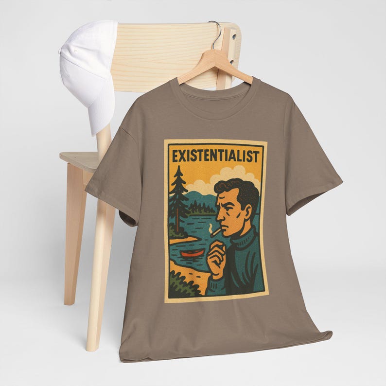Existentialist Retro Comic T-Shirt: Absurdist Philosophy Graphic Tee Brown Savana