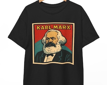 May include: Black t-shirt with a vintage-style illustration of Karl Marx in a red, white, and blue frame. The text "KARL MARX" is printed above the illustration.