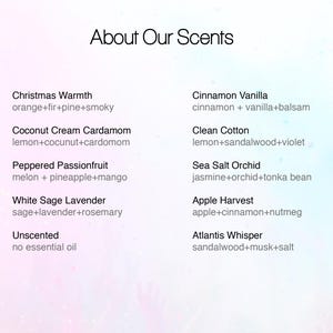 May include: A list of candle scents with their corresponding fragrance notes. The scents include Christmas Warmth, Coconut Cream Cardamom, Peppered Passionfruit, White Sage Lavender, Unscented, Cinnamon Vanilla, Clean Cotton, Sea Salt Orchid, Apple Harvest, and Atlantis Whisper.
