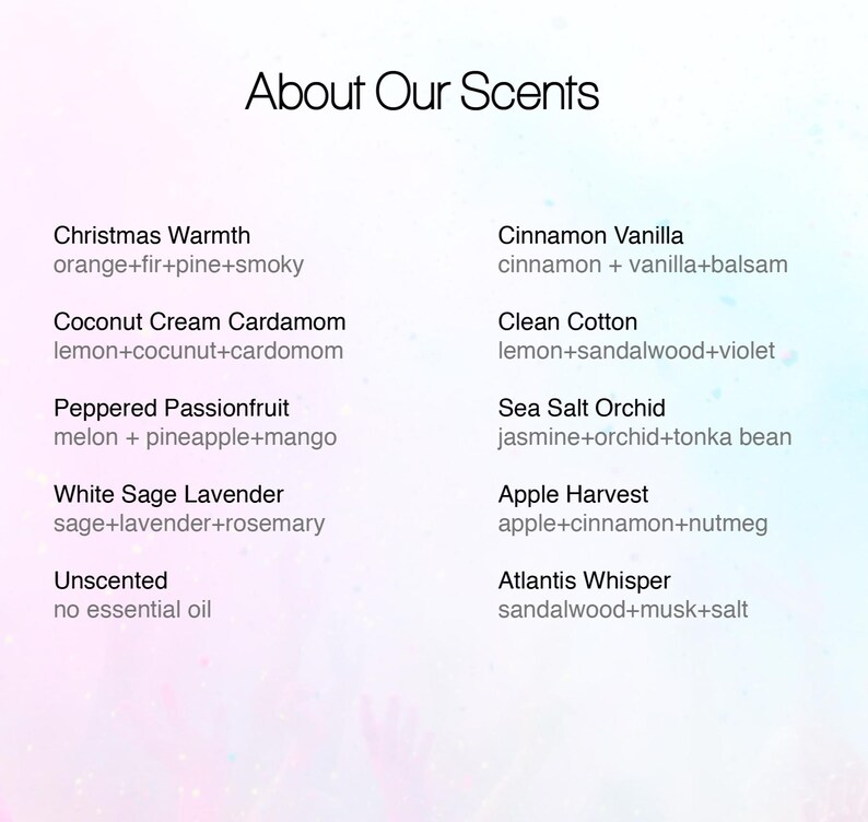 May include: A list of candle scents with their corresponding fragrance notes. The scents include Christmas Warmth, Coconut Cream Cardamom, Peppered Passionfruit, White Sage Lavender, Unscented, Cinnamon Vanilla, Clean Cotton, Sea Salt Orchid, Apple Harvest, and Atlantis Whisper.
