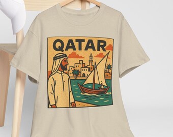 Qatar serietidning T-shirt unisex retrostil | Vintage Qatar skyline tee | Cool Mellanöstern resetröja | Djärv streetwear present till honom henne